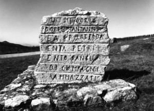 Close-up of inscription of memorial stone at Portella Della Ginestra